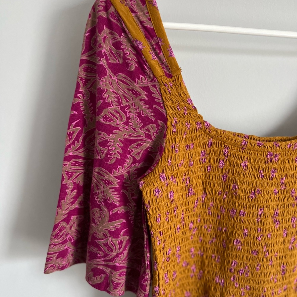 FREE PEOPLE Marigold Top - Size Small-Golden Floral Smocked Boho Crop Blouse-NWT - Picture 6 of 16